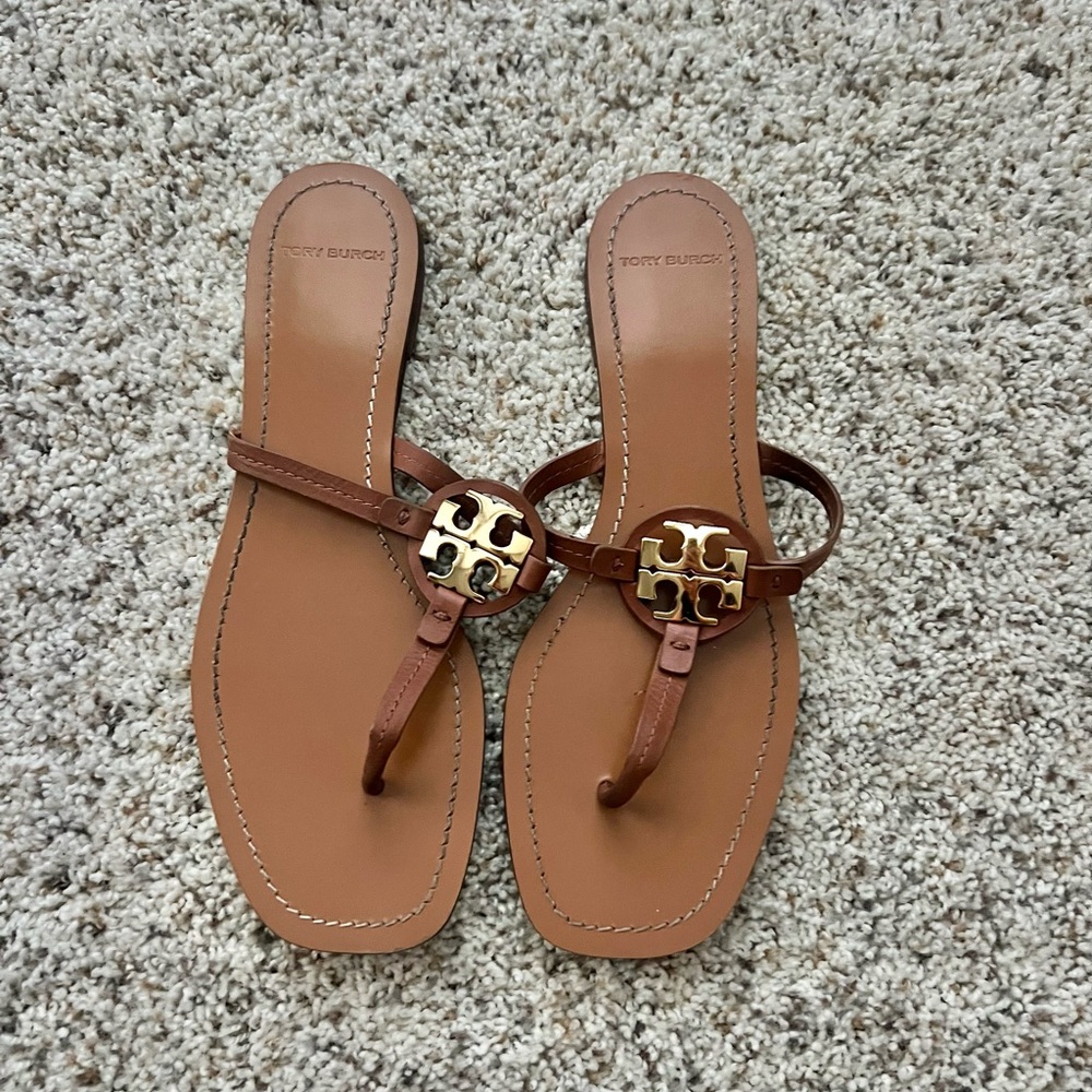 Tory Burch Brown Gold Sandals with Iconic Medallion